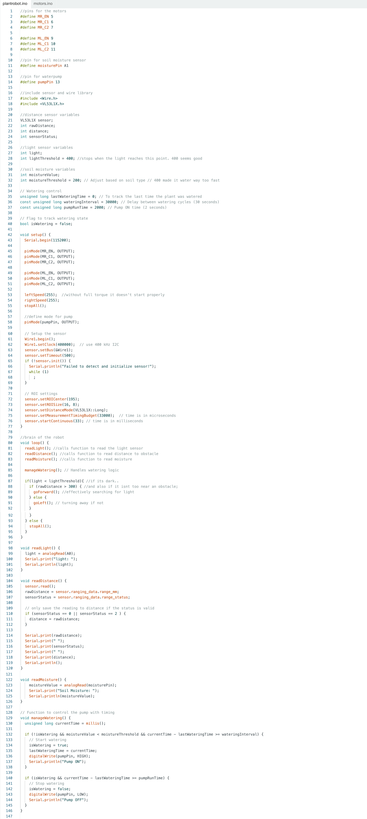 full code snippet of the sensors and behaviour of the robot