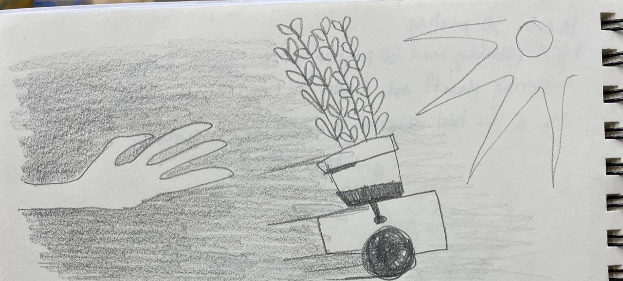 drawing of a hand reaching for a plant seemingly running away, towards the sun