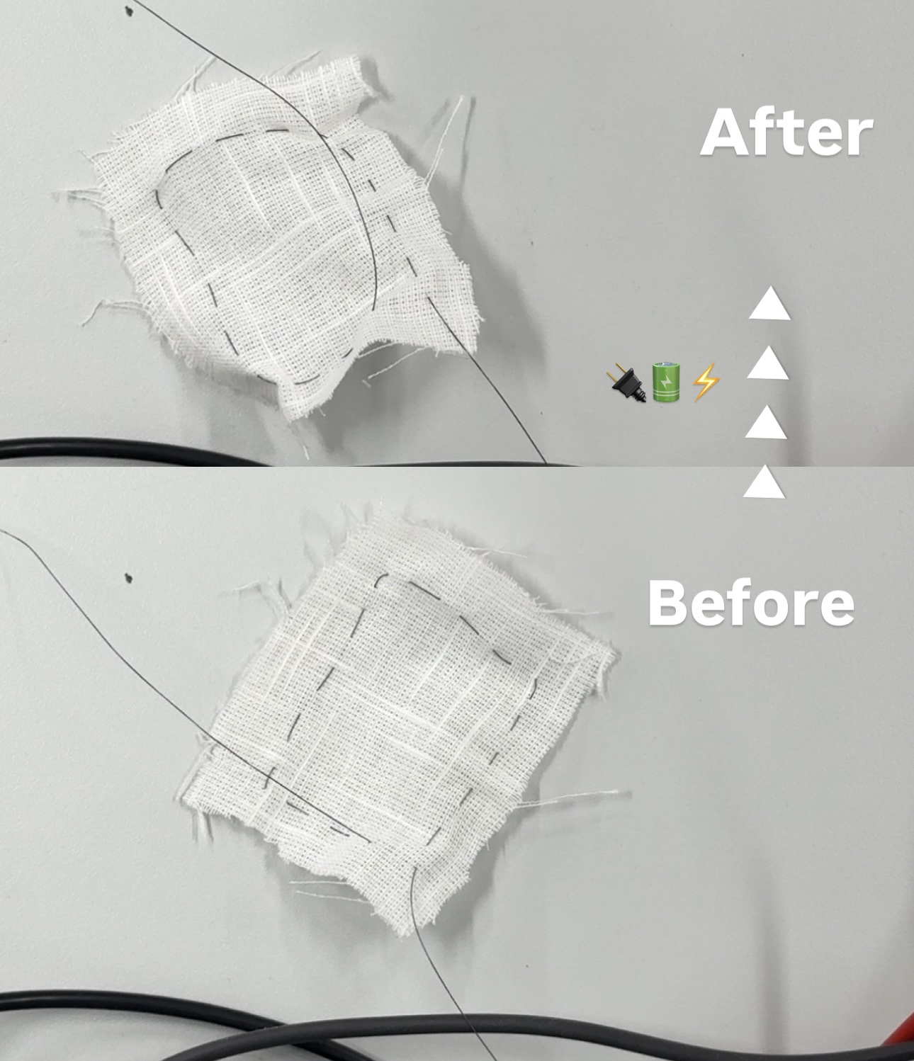 Changes in fabric before and after electric current is applied